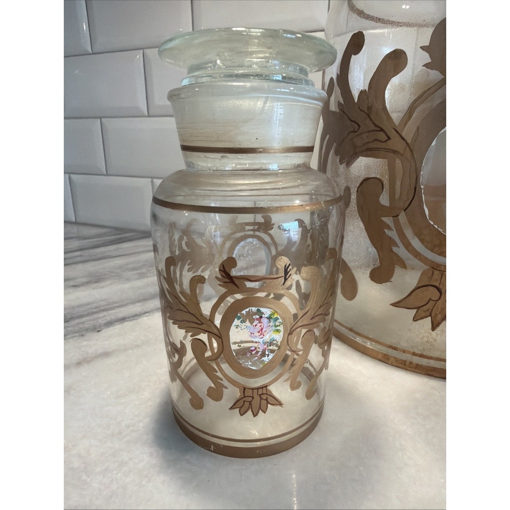 Set Of 5 Antique Clear Glass Apothecary Pharmacy Lidded Jars Gold Hand Decorated - Picture 2 of 16